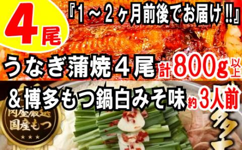 BD017.うなぎの蒲焼４尾＆博多もつ鍋白みそ味（３人前）【スタミナ満点セット】