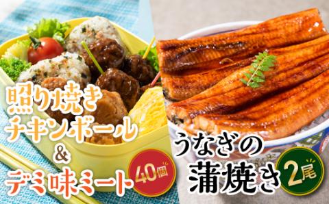 A1440.うなぎの蒲焼２尾＆デミ味ミート＆照り焼きチキンボール４０個（２種×２０個）【新宮町レインボーセット】