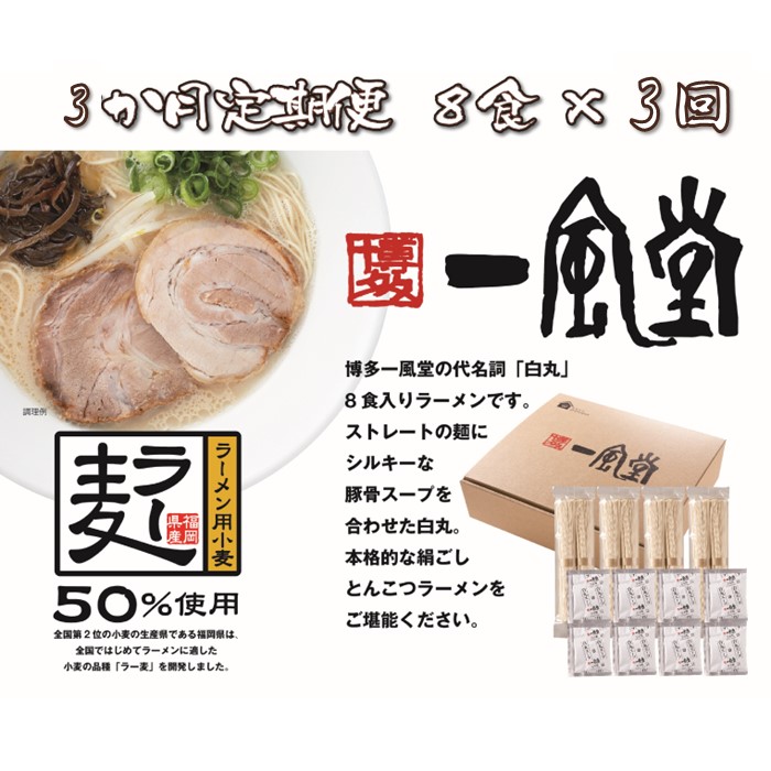 C181.【全3回定期便】一風堂白丸ラー麦麺セット・8食【豚骨ラーメン】