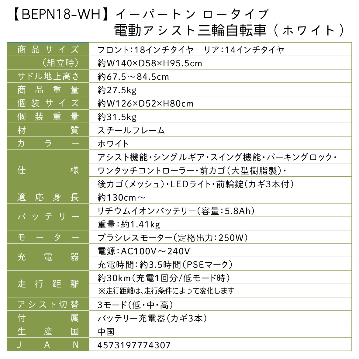 イーパートン ロータイプ 電動アシスト 三輪自転車 BEPN18-WH｜三輪車 大人用 18インチ 3輪 高齢者 シニア カゴ付き 低床サドル ミムゴ CC003