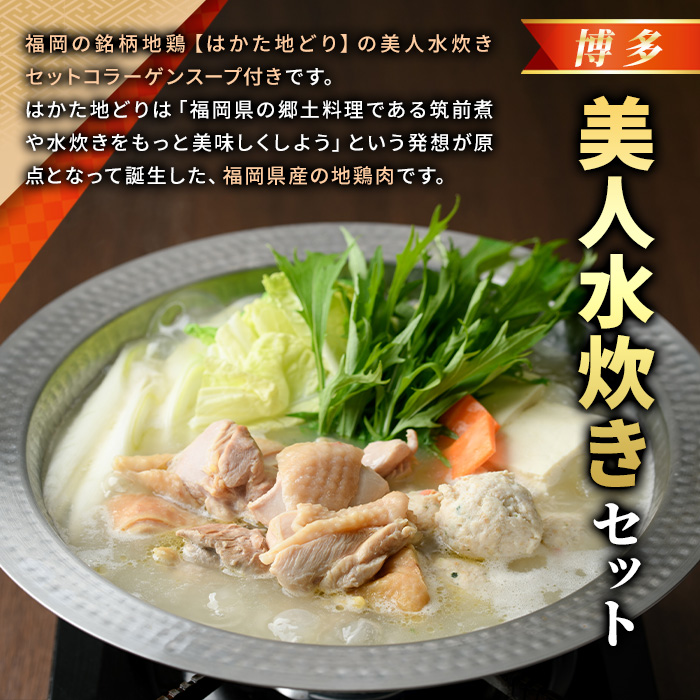 福岡限定!はかた地どり美人水炊き5種セット(2～3人前) 福岡 水炊きセット 国産鶏 地鶏 地どり もも肉 つみれ 鶏肉 モモ肉 鶏もも肉 鍋 鍋セット お鍋 スープ付き コラーゲン【MEAT PLUS】as08-029
