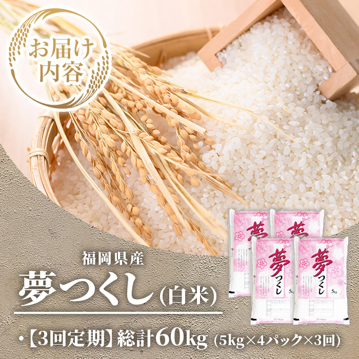 ≪令和7年産新米≫【3回定期便・白米】【食味鑑定士厳選】福岡県産 夢つくし(総計60kg・5kg×4袋×3回) 白米 米 お米 おこめ ごはん ゆめつくし ご飯 常温 福岡県産 ブランド米 定期便 定期 頒布会 常温 常温保存 【ファインリョーコク】as34-015