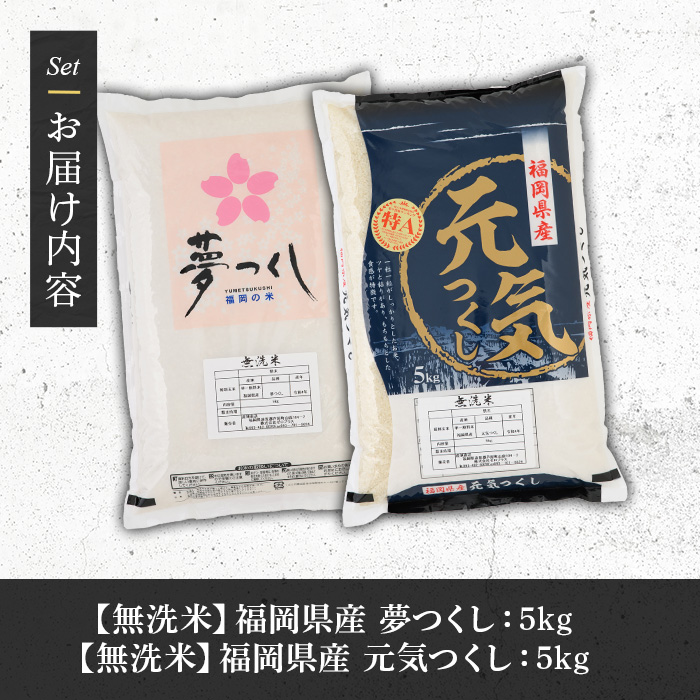《無洗米》福岡県産米食べ比べセット「夢つくし」と「元気つくし」(2種計10kg・各5kg×1袋) 無洗米 米 お米 おこめ ごはん ご飯 常温 福岡県産 ブランド米 ゆめつくし げんきつくし 常温 常温保存 おにぎり おむすび お弁当 ライス【朝ごはん本舗】as05-084