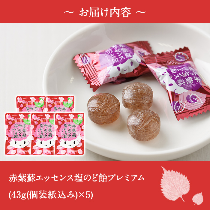 赤紫蘇エッセンス 塩のど飴 プレミアム(5袋) のど飴 のどあめ 飴 お菓子 おやつ 個包装 小分け 常温 常温保存 アウトドア 熱中症対策 塩飴【パルセイユ】as04-009