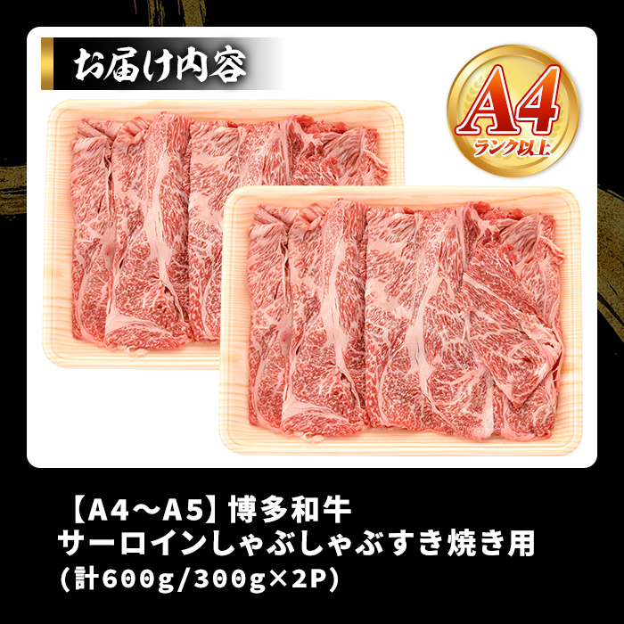 【厳選部位】【A4～A5】博多和牛サーロインしゃぶしゃぶすき焼き用(600g) 国産 九州産 福岡県産 牛肉 和牛 黒毛和牛 スキヤキ すきやき お肉【MEAT PLUS】as08-055
