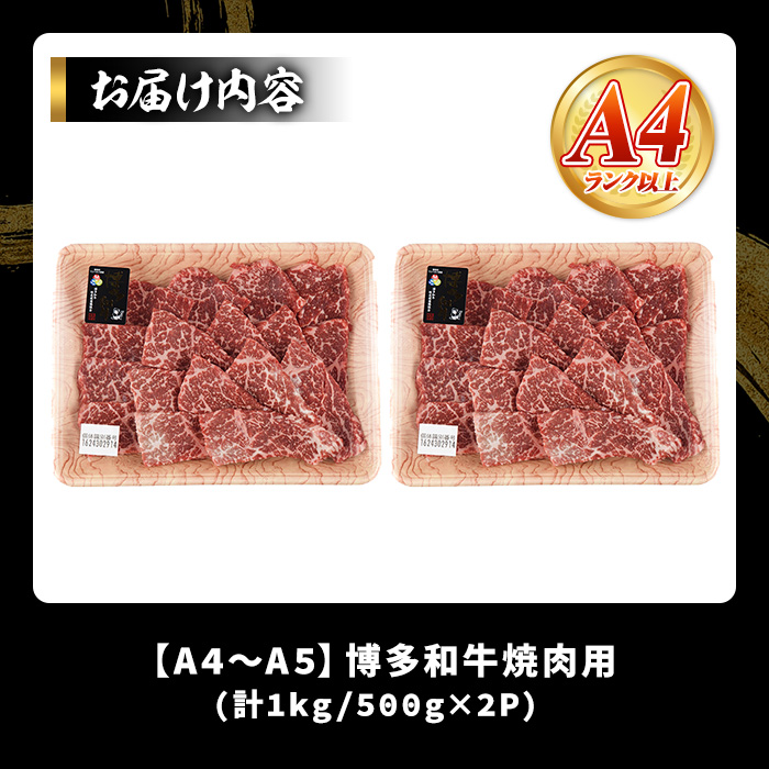 【A4～A5】博多和牛焼肉用(計1kg・500g×2P) 国産 九州産 福岡県産 牛肉 和牛 黒毛和牛 やきにく お肉【MEAT PLUS】as08-057
