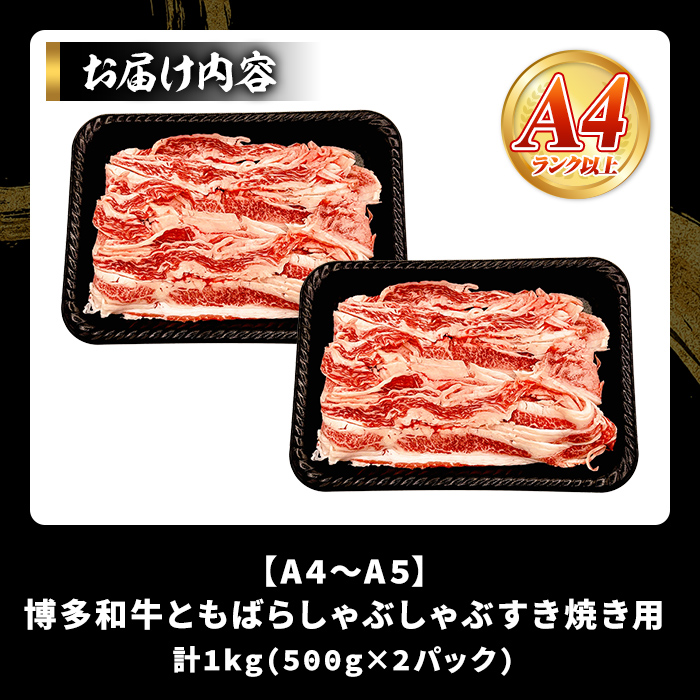 【A4～A5】訳あり！博多和牛 ともばら しゃぶしゃぶ すき焼き 用 (計1kg・500g×2パック) 国産 九州産 福岡県産 訳アリ 牛肉 和牛 黒毛和牛 バラ 外バラ 中バラ スライス うす切り 薄切り 鍋 お鍋 お肉 冷凍 【MEAT PLUS】as08-075