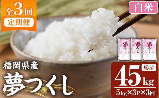 ≪令和7年産新米≫【3回定期便・白米】【食味鑑定士厳選】福岡県産 夢つくし(総計45kg・5kg×3袋×3回) 白米 米 お米 おこめ ごはん ゆめつくし ご飯 常温 福岡県産 ブランド米 定期便 定期 頒布会 常温 常温保存 【ファインリョーコク】as34-014