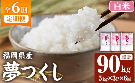 ≪令和7年産新米≫【6回定期便・白米】【食味鑑定士厳選】福岡県産 夢つくし(総計90kg・5kg×3袋×6回) 白米 米 お米 おこめ ごはん ゆめつくし ご飯 常温 福岡県産 ブランド米 定期便 定期 頒布会 常温 常温保存 【ファインリョーコク】as34-018