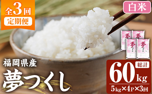 ≪令和7年産新米≫【3回定期便・無洗米】【食味鑑定士厳選】福岡県産 夢つくし(総計60kg・5kg×4袋×3回) 米 無洗米 お米 おこめ ごはん ゆめつくし ご飯 常温 福岡県産 ブランド米 定期便 定期 頒布会 常温 常温保存 【ファインリョーコク】as34-023