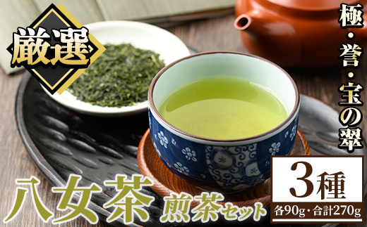 八女茶煎茶セット 極・ 誉・宝の翠 (合計3本・各90g) 八女茶 緑茶 せん茶 お茶 福岡 やめ 常温 常温保存 セット 飲み比べ 【くしだ企画】as44-006