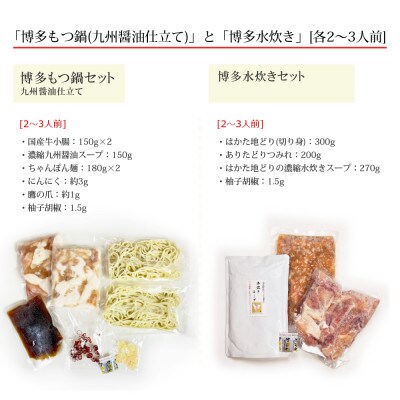 博多の人気2大鍋のセット「九州醤油もつ鍋」と「博多水炊き(切り身)」各2～3人前(水巻町)【配送不可地域：離島】