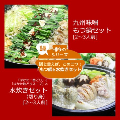 博多の人気2大鍋のセット「九州味噌もつ鍋」と「博多水炊き(切り身)」各2～3人前(水巻町)【配送不可地域：離島】