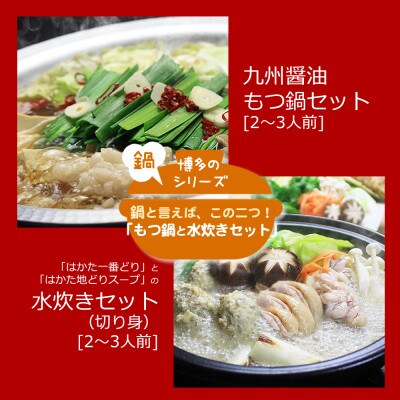 博多の人気2大鍋のセット「九州醤油もつ鍋」と「博多水炊き(切り身)」各2～3人前(水巻町)【配送不可地域：離島】