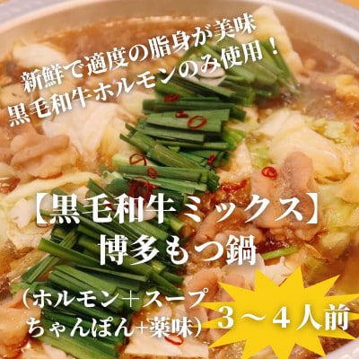 【黒毛和牛ミックス】博多もつ鍋セット(濃縮テールスープ・チャンポン麺・薬味付)3～4人前【配送不可地域：離島】