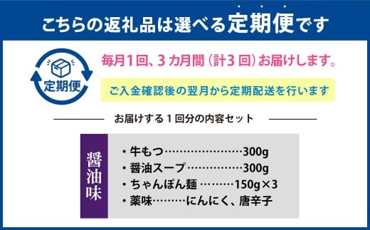 【3ヶ月定期便】 博多もつ鍋（醤油味） 3人前 1ヶ月毎 3回 牛もつ 牛小腸 牛肉 お肉 ちゃんぽん麺 チャンポン?