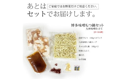 博多もつ鍋セット（九州味噌仕立て） 2～3人前 国産 牛もつ 300g 鍋 モツ鍋 鍋セット モツ もつ 味噌 味噌味 牛肉 ちゃんぽん麺 福岡 国産 冷凍