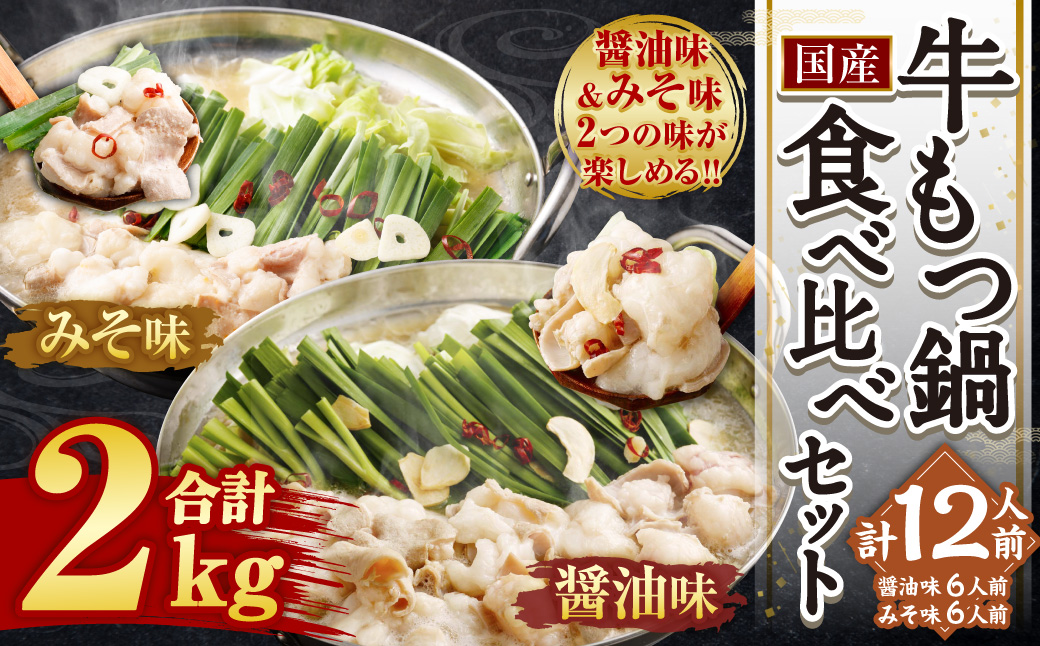 国産 牛もつ鍋 12人前 ちゃんぽん 2つの味が楽しめる 濃縮スープ付（醤油味 ＆ みそ味）