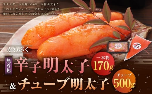 かねふく ＜無着色＞ 辛子明太子 170g （一本物）とチューブ明太子 500gセット 2種類合計670g ／ 明太子 めんたいこ すけとうだら 魚卵 チューブ 料理 使いやすい