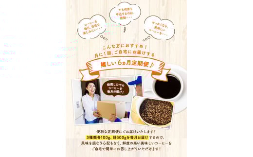 【6ヶ月定期便】コーヒー豆3種のセット 各100g(豆) 計300g 《お申込み月の翌月から出荷開始》 旬 オリジナルブレンド ---sc_utawbtei_r7_48000_mo6num1---