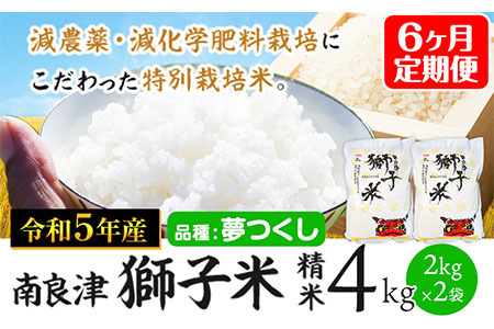 [6ヶ月定期便]令和5年産 獅子米 4kg(2kg×2袋) [お申込み月の翌月から出荷開始]減農薬・減化学肥料 合計24kg---sc_kmtokusitei_22_55000_mo6num1---