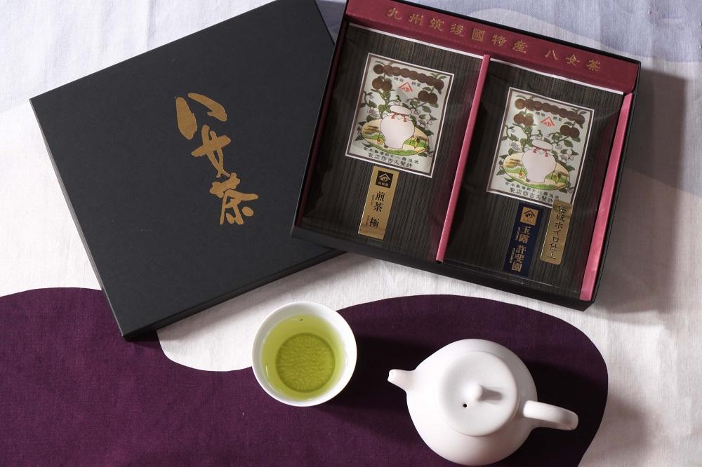 許斐本家14代目おススメの極上玉露と極上煎茶の化粧箱入り２本詰合せ【八女茶老舗　創業300年余】（ギフト対応）