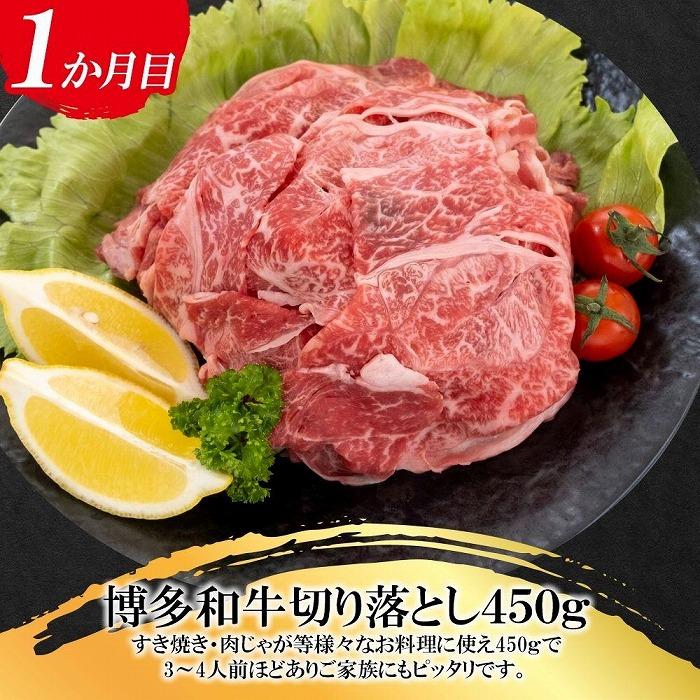 福岡県産 黒毛和牛A4ランク以上の博多和牛！ 3か月定期便Bコース（切り落とし450g・サーロインステーキ(1枚)200～250g・もつ鍋セット3～4人前）