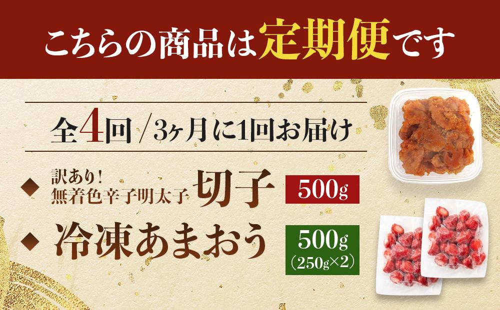 【定期便全4回/3ヶ月に1回お届け】訳あり！辛子明太子（切子）500ｇと福岡県産冷凍あまおう500ｇ（250ｇ×2個）セット