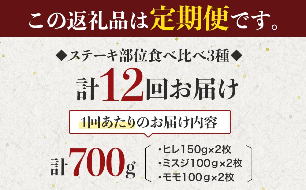 【定期便12回】博多和牛【A4～A5】ステーキ部位食べ比べ3種（ヒレ150g×2枚、ミスジ100ｇ×2枚、モモ100ｇ×2枚）計700ｇ
