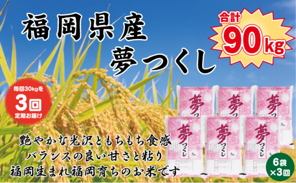 【定期便全3回】【令和7年産新米】【食味鑑定士厳選】福岡県産 夢つくし30kg (5kg×6袋) 合計 90kg