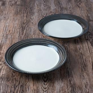 AA100 小石原焼 カネハ窯 飛び鉋プレートセット【特大】(黒×白ツヤ)