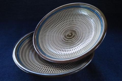 H37 小石原焼呉須帯飛鉋六寸皿2枚セット(金丸窯)直径約18cm