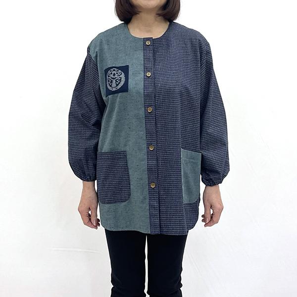 久留米織 民芸調スモック あさぎ色(草ブルー)[BA059-GR]