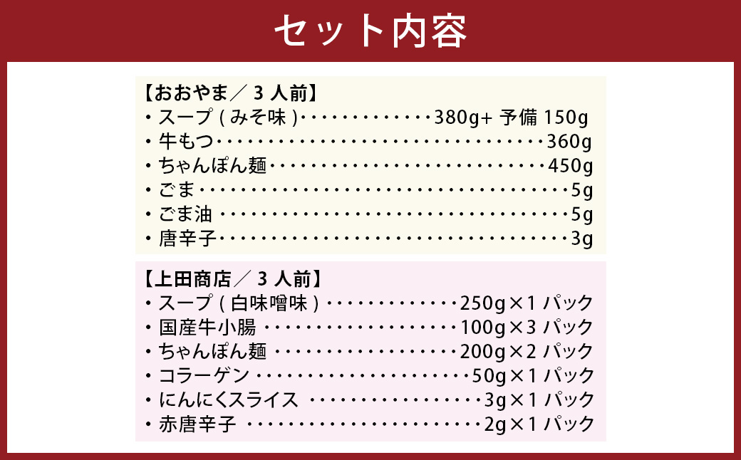 博多もつ鍋食べくらべセット2種（みそ味 ／ 3人前） 【おおやま・上田商店】 もつ鍋 牛肉 みそ味 ソース付き お鍋 セット 食べ比べ 国産牛 冷凍 福岡県 糸田町