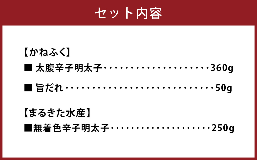 博多名物 明太子食べくらべ 【かねふく】 太腹辛子明太子360g・ 【まるきた水産】 無着色明太子250g 明太子 卵 海鮮 魚介類 食べ比べ セット 国産 冷凍 福岡県 糸田町