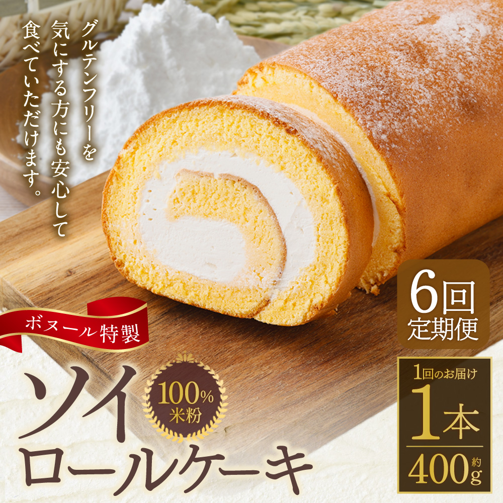 【6ヶ月定期便】ボヌール特製 100％米粉 ソイロールケーキ 1本 約400g お菓子 洋菓子 ケーキ ロールケーキ スイーツ 米粉 おやつ ソイ 大豆 冷凍