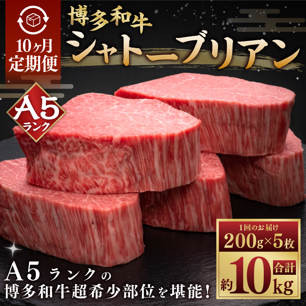【10ヶ月定期便】A5等級 博多和牛ヒレシャトーブリアン 【ダイヤモンドカット】200g×5枚
