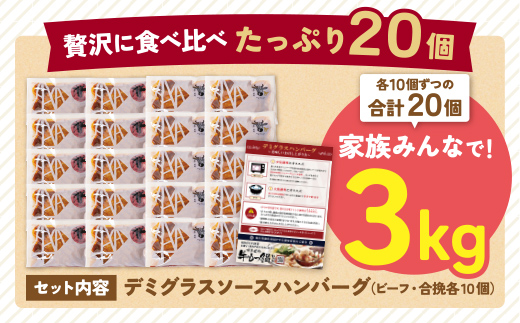 【累計460万個突破！】どっちの ハンバーグ !?デミグラスソース150g×20個セット（ビーフ・合挽 各10個） ハンバーグ 牛肉 豚肉 洋食 ハンバーグ はんばーぐ 大容量 冷凍 人気 ハンバーグ デミソース 手軽 冷凍 3kg おかず 肉 おすすめ ハンバーグ お得 ハンバーグステーキ 味付ハンバーグ 【通常発送】20個
