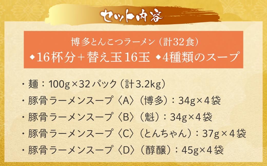 博多とんこつラーメン16杯分と替え玉16玉の計32食分