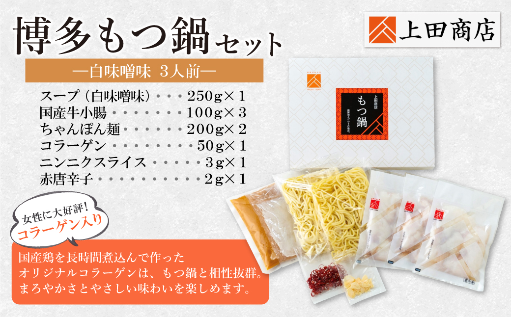 上田商店 博多もつ鍋セット(白味噌味 3人前) 3人前（白味噌味）