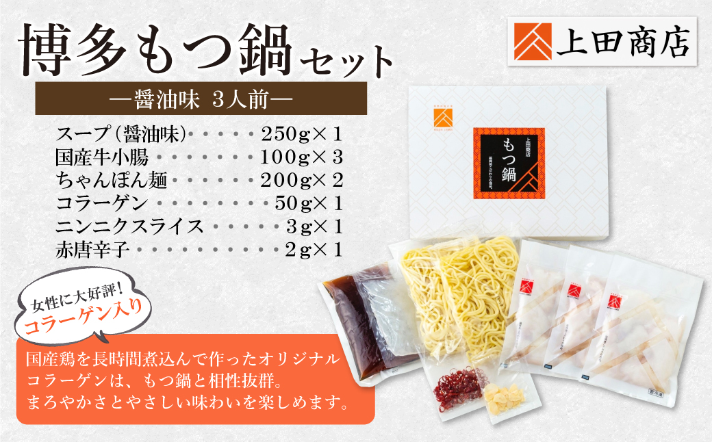 上田商店 博多もつ鍋セット(醤油味 3人前) 3人前（醤油味）