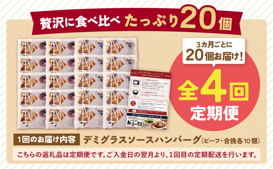 【4回定期便】どっちのハンバーグ(デミグラスソース)20個【ビーフ・合挽 各10個】 【4回定期便】20個×4回