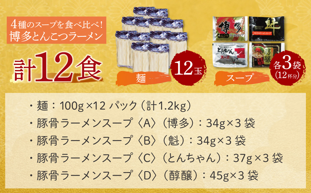 博多とんこつラーメン12食 4種類の本場博多の福岡産スープ