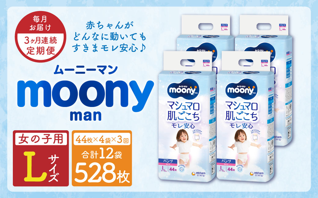 【3ヶ月連続定期便】ムーニーマン 女の子用 Lサイズ 44枚×4袋 新技術 赤ちゃん パンツ