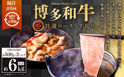 【隔月6回定期便】A5等級 博多和牛特選ロースうす切り (500g×2パック)