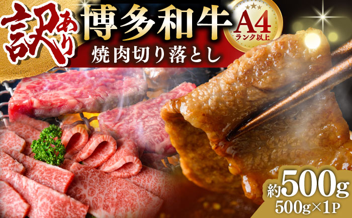 【訳あり】【A4～A5】博多和牛 焼肉切り落とし(肩ロース・バラ) 500g 吉富町/株式会社MEAT PLUS [BGAB042] バラ肉 ばら 小分け ご家庭用 自宅用 簡単調理 冷凍 訳アリ ワケアリ わけあり 理由あり 不揃い 福岡県