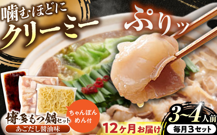 【全12回定期便】博多もつ鍋セット(あごだし醤油味)3-4人前 吉富町/(株)やまやコミュニケーションズ [BGAH052] 鍋セット モツ鍋 簡単調理 国産 牛モツ もつ 大ぶり 醤油 しょうゆ味 醤油味 スープ 濃縮 グルメ 福岡 福岡県