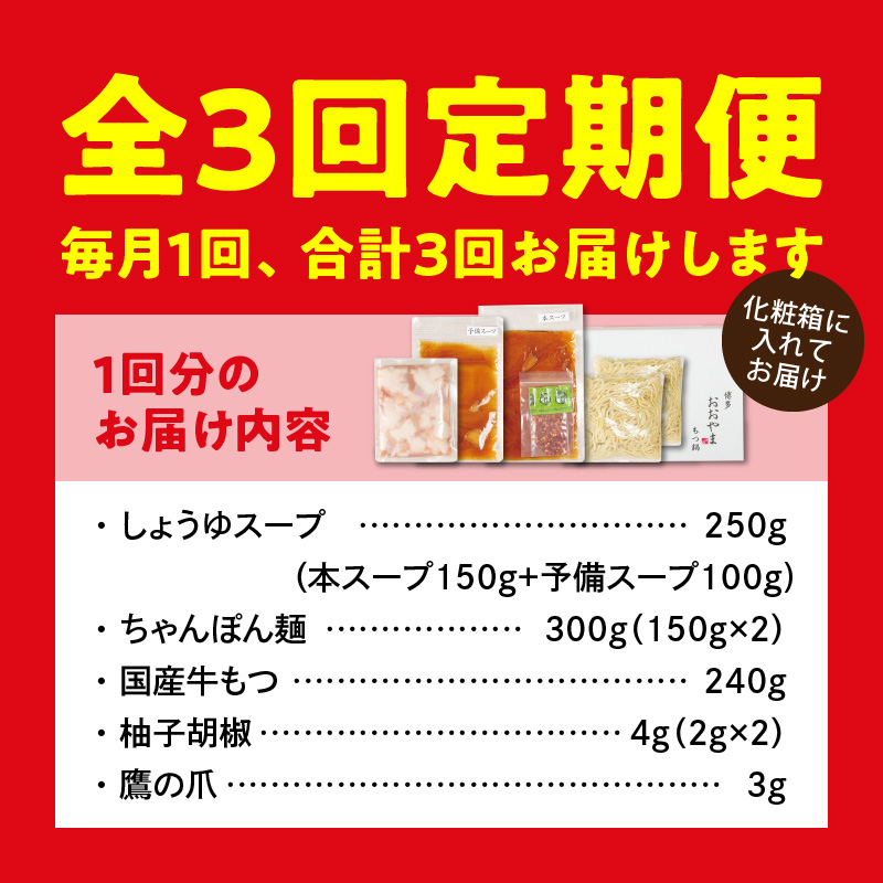【定期便】博多もつ鍋おおやま もつ鍋しょうゆ味2人前 3回（毎月）コース 06T-014