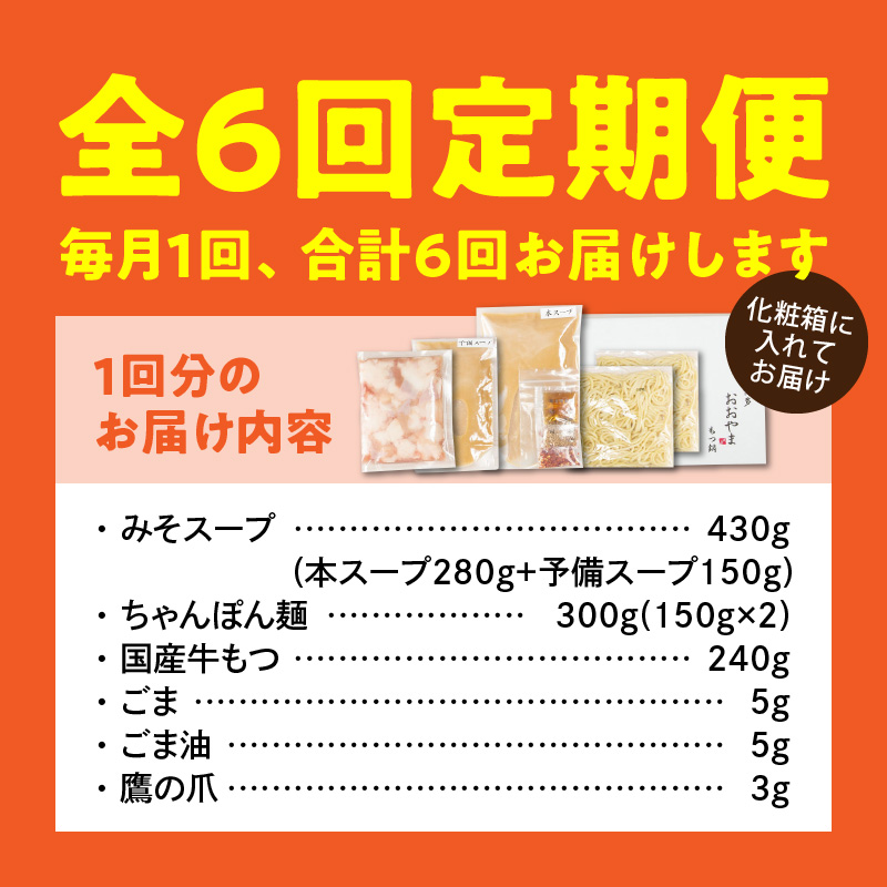 【定期便】博多もつ鍋おおやま もつ鍋みそ味2人前 6回（毎月）コース 06T-016