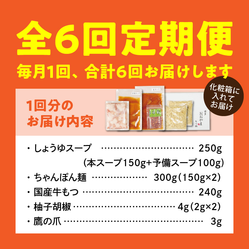 【定期便】博多もつ鍋おおやま もつ鍋しょうゆ味2人前 6回（毎月）コース 06T-018